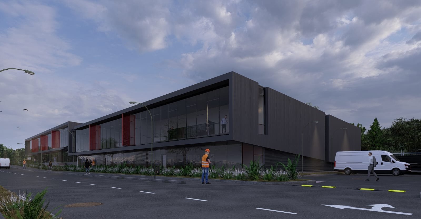Render de las bodegas de Parque Sur con fachada vidriada en dos niveles, junto a la calle interior del parque