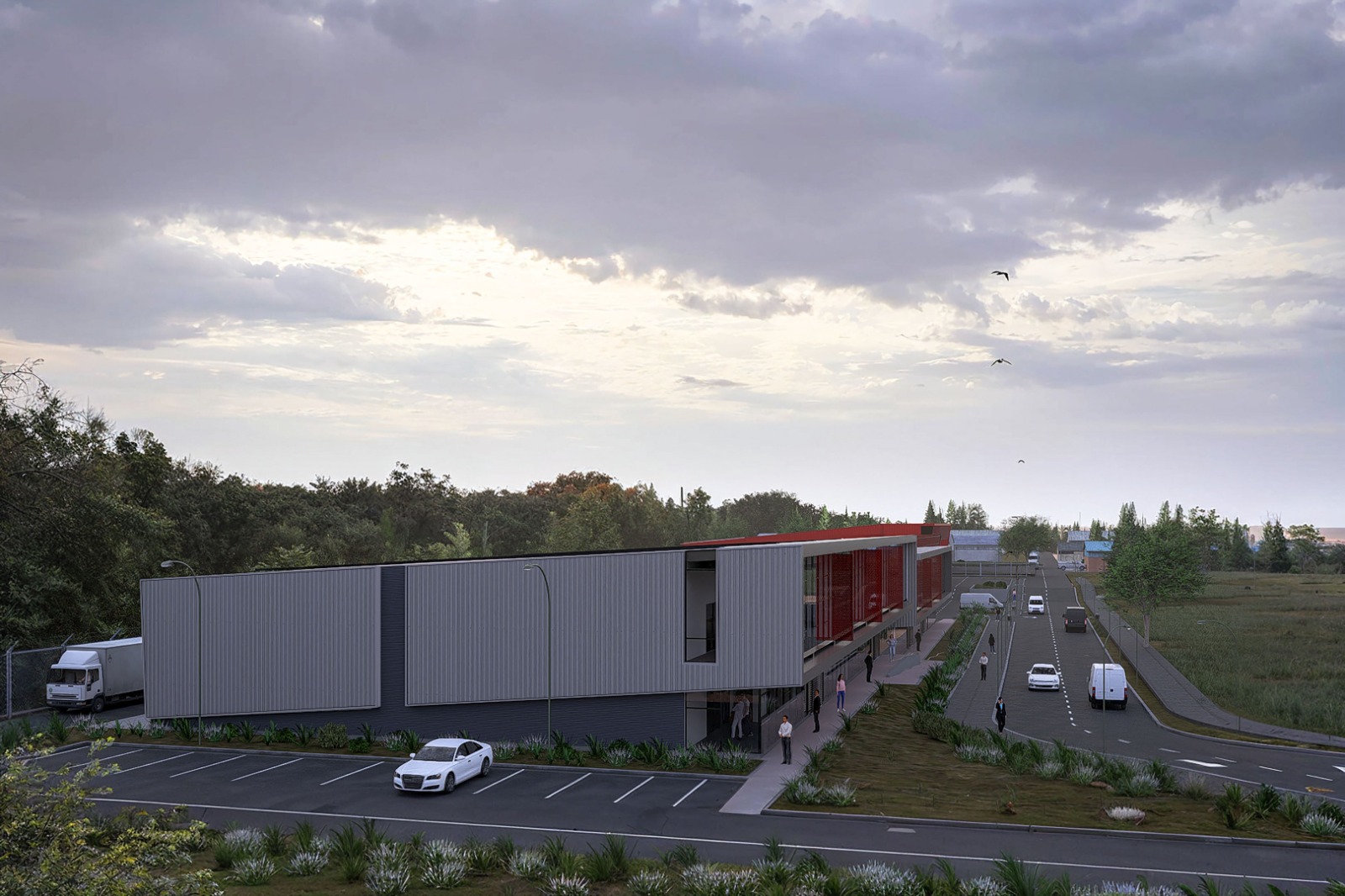 Render de una bodega de Parque Sur con oficinas vidriadas en dos niveles y estacionamientos, junto a la calle interior del parque con otros edificios al fondo