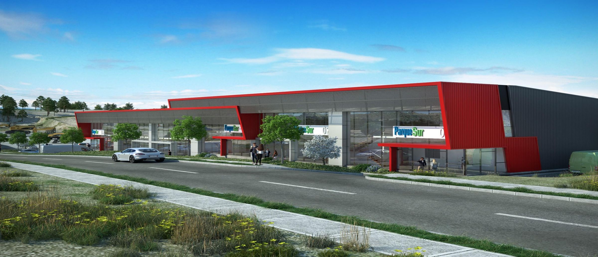 Render de las bodegas de Parque Sur: fachada roja con oficinas vidriadas en dos niveles y letreros Parque Sur frente a una calle interior del parque